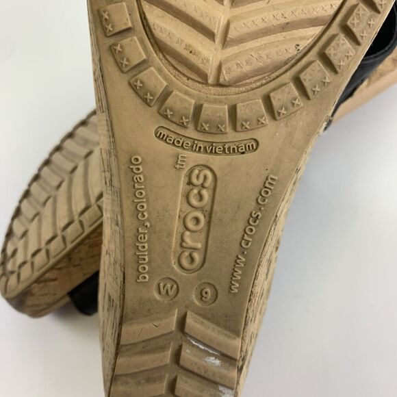 Crocs A-Leigh Leather Wedge Sandal Black Cork Slip On Comfort 16205 Womens 9 - Picture 14 of 14